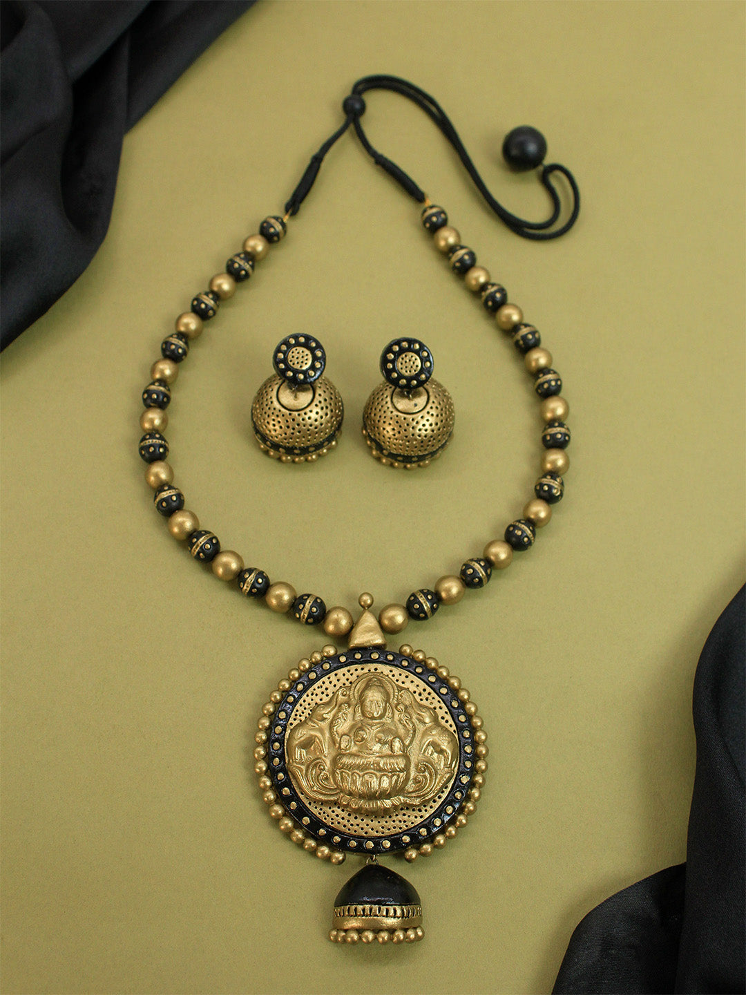Gold and Black Color Lakshmi Design Handmade Terracotta Temple Necklace Set