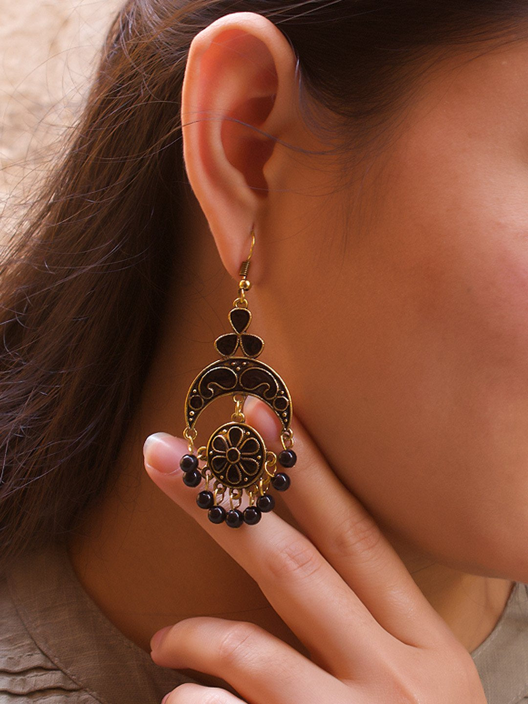 Gold Plated Floral Design Black Earring
