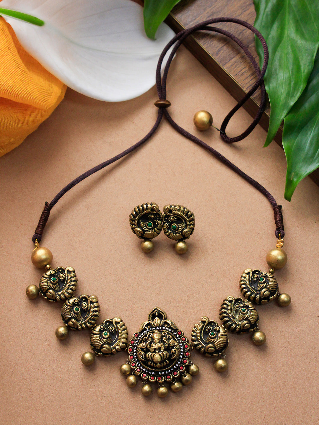 Antique Gold Red Green Lakshmi Peacock Design Temple Handmade Terracotta Necklace Set