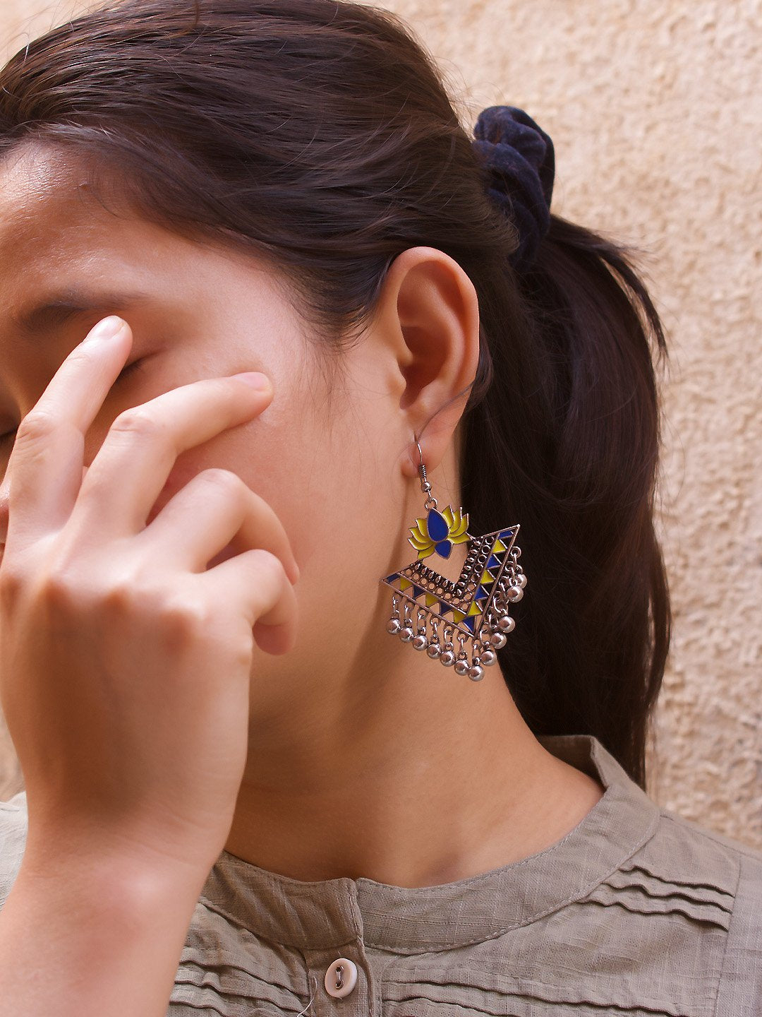 Silver Plated Yellow And Blue Color Lotus Design Afghani Earring