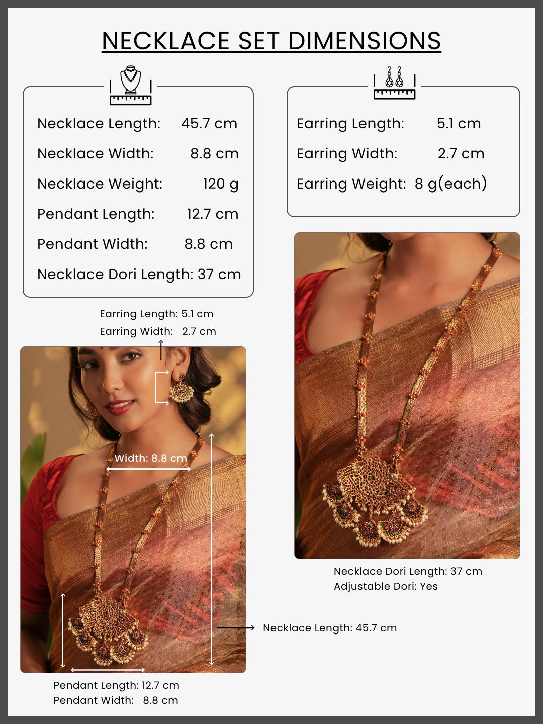 Zarisha — Gold Tone Temple Necklace Set- Brown and white Zari haaram