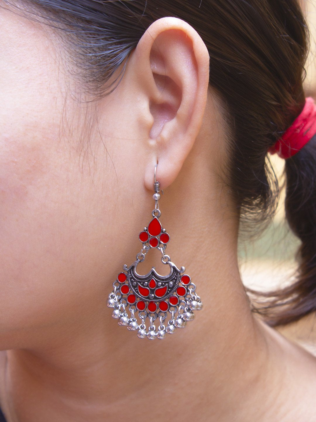 Floral Design Red Dangler Afghani Earring