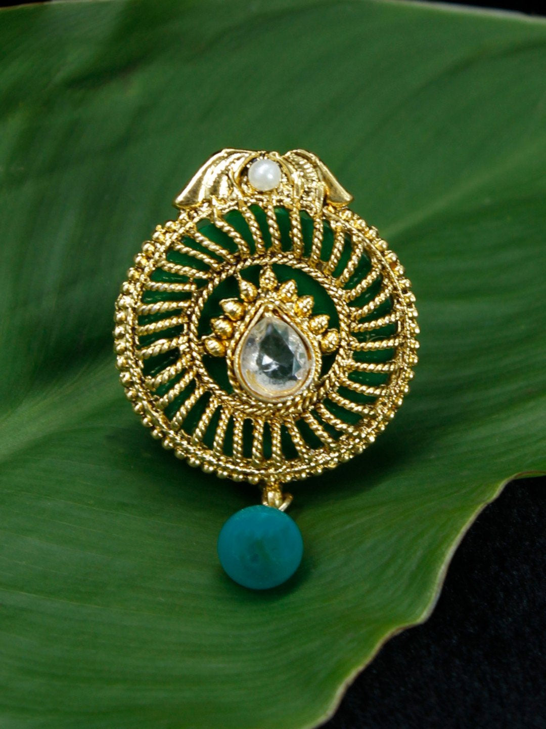 Gold Plated Round Shape White Stone with Green Pearl Dropping Saree Pi