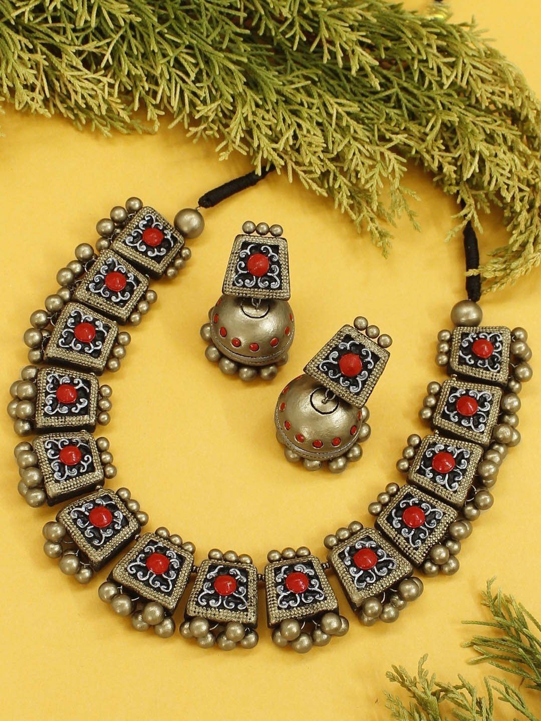 Rekhita — Designer Handmade Antique Gold Geometric Design Choker Handmade Terracotta Necklace Set