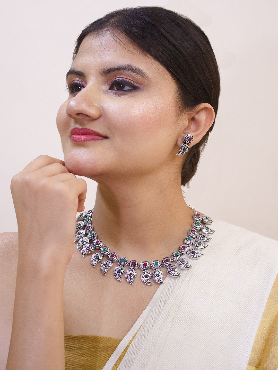 Silver Plated Mango Design Red And Green Color Artificial Stone Choker Necklace Set