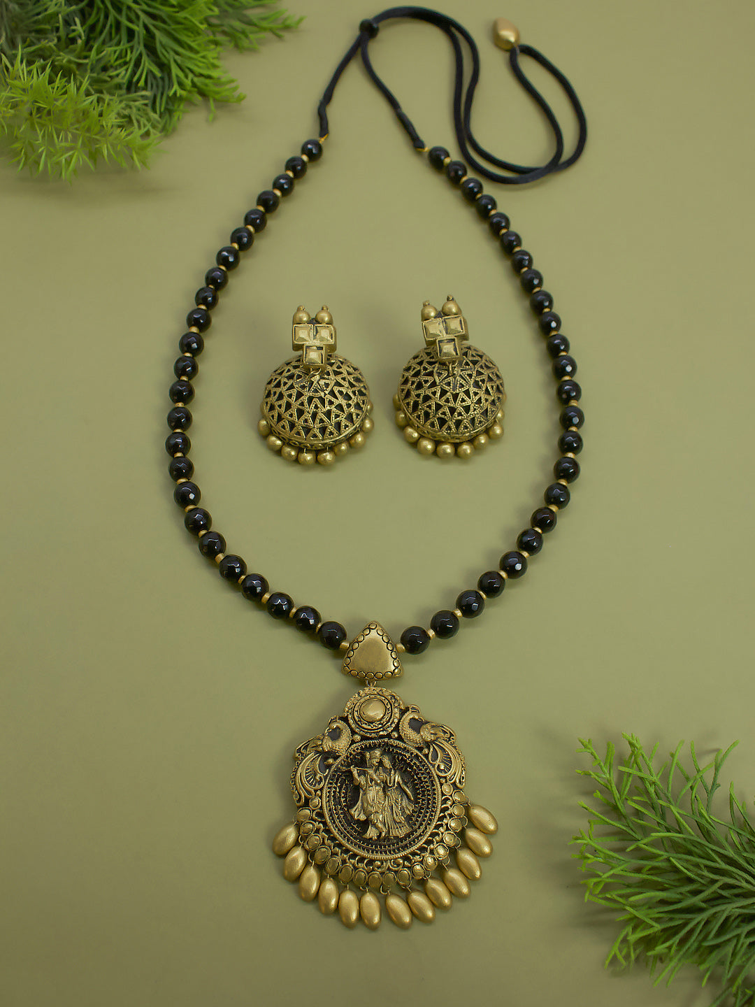 Radha Krishna Design Black Semi-precious Agate Beads and Antique Gold Handmade Terracotta Necklace Set