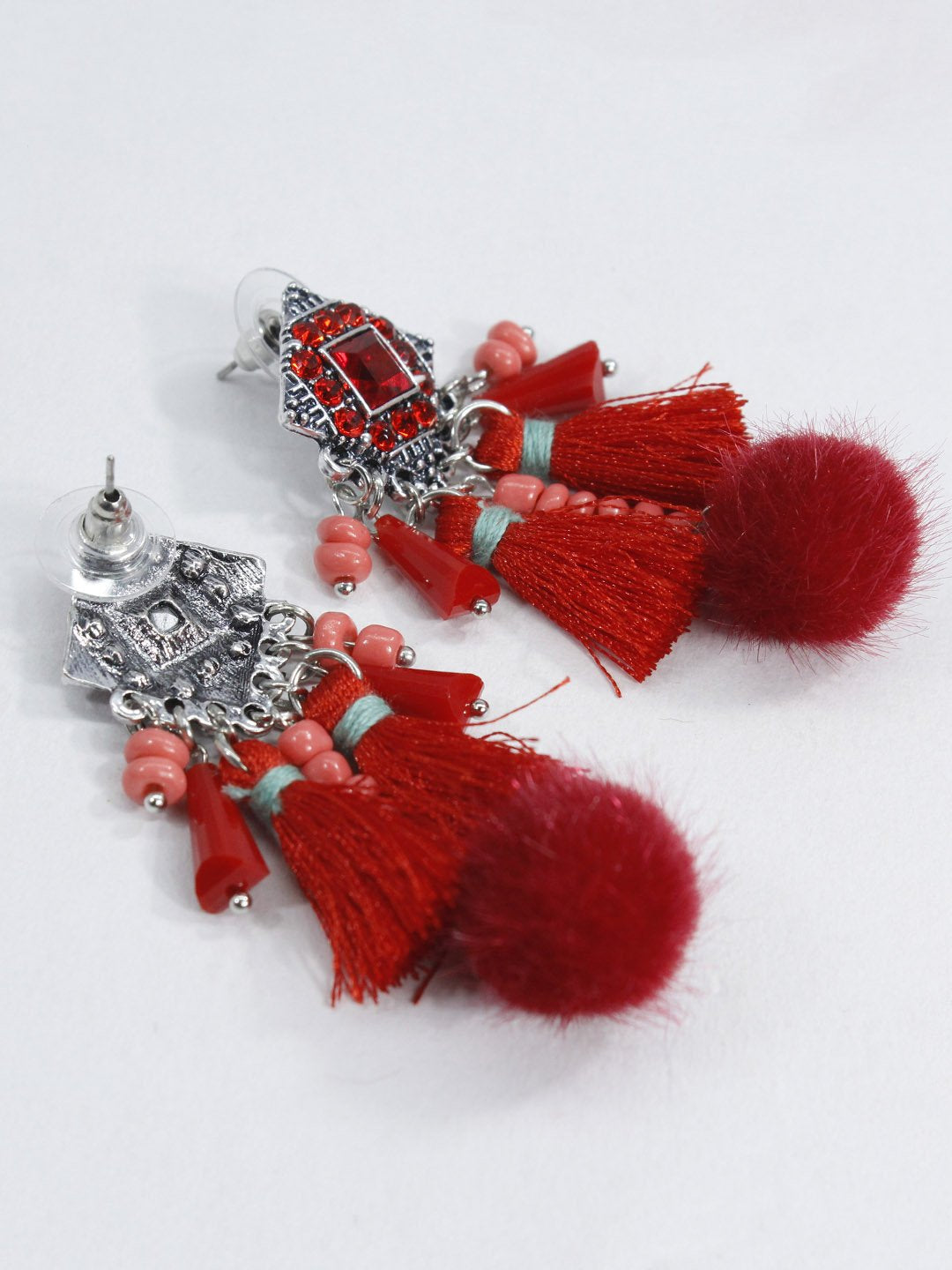 Red Color Tassel With Pom Pom Hanging Earring