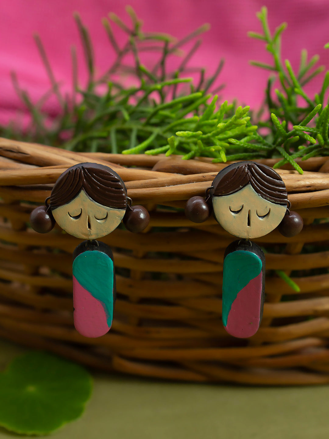 Little Girl Sleepy Face Design Pink Green Brown Handmade Terracotta Earrings