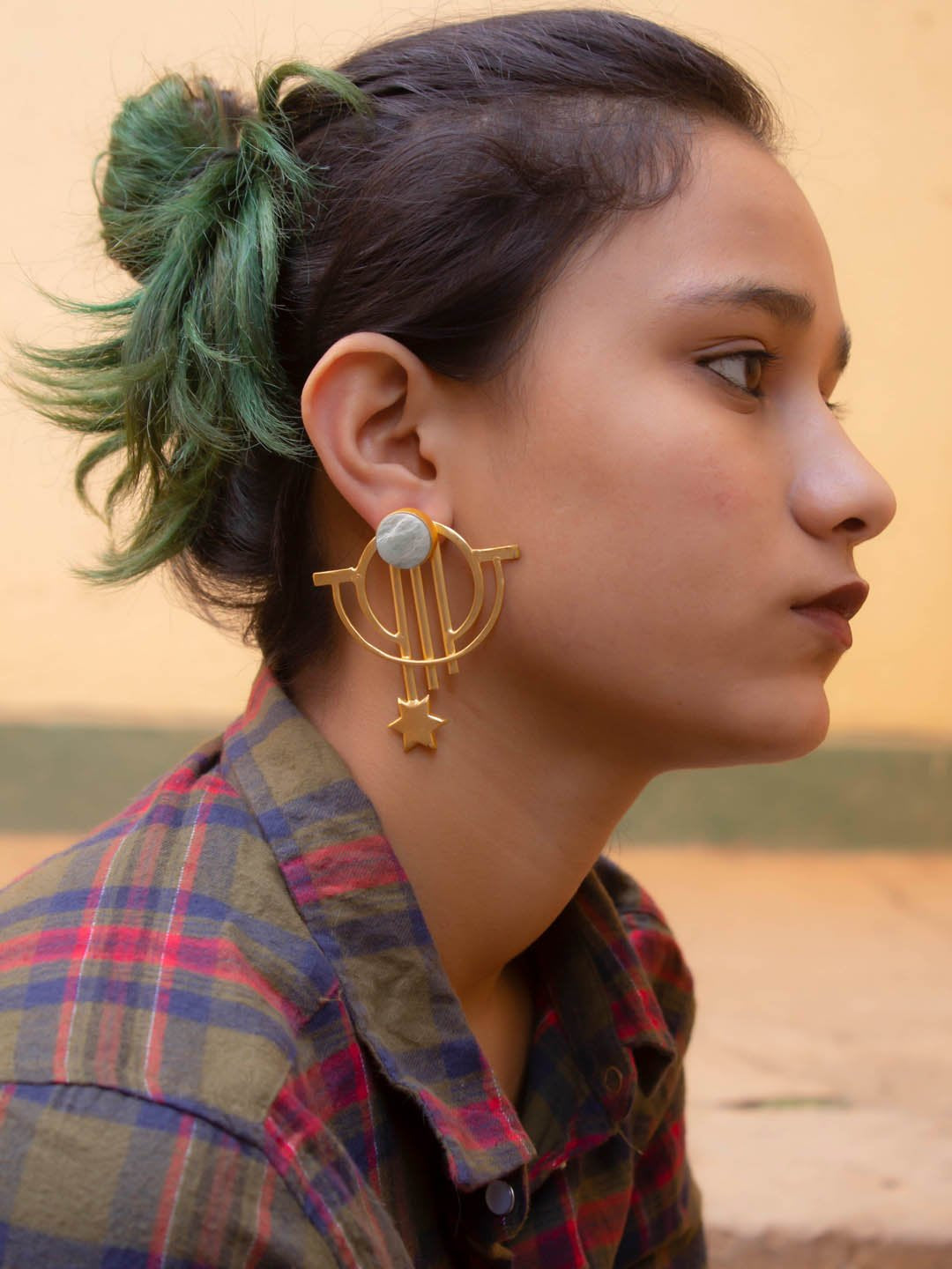 Avismaya Semi Precious Gold Plated Star Design Gray Color Moonstone Dangler Earring