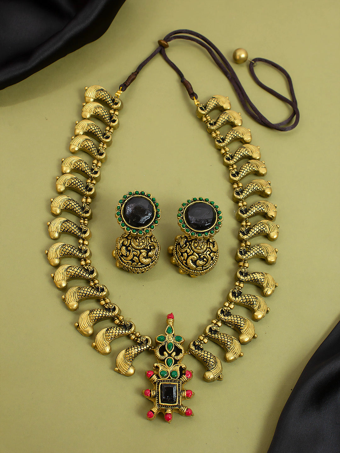 Antique Gold Pink Green Black Peacock Design Square Pendant Handmade Terracotta Necklace Set