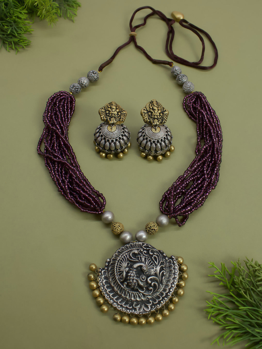 Antique Silver Gold Peacock Design Pendant Purple Acrylic Beads Clustered Layered Handmade Terracotta Necklace Set