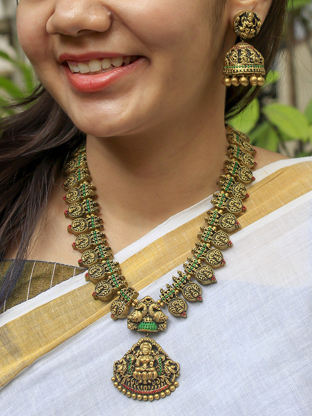 Antique Gold Red Green Temple Lakshmi Peacock Design Handmade Terracotta Necklace Set