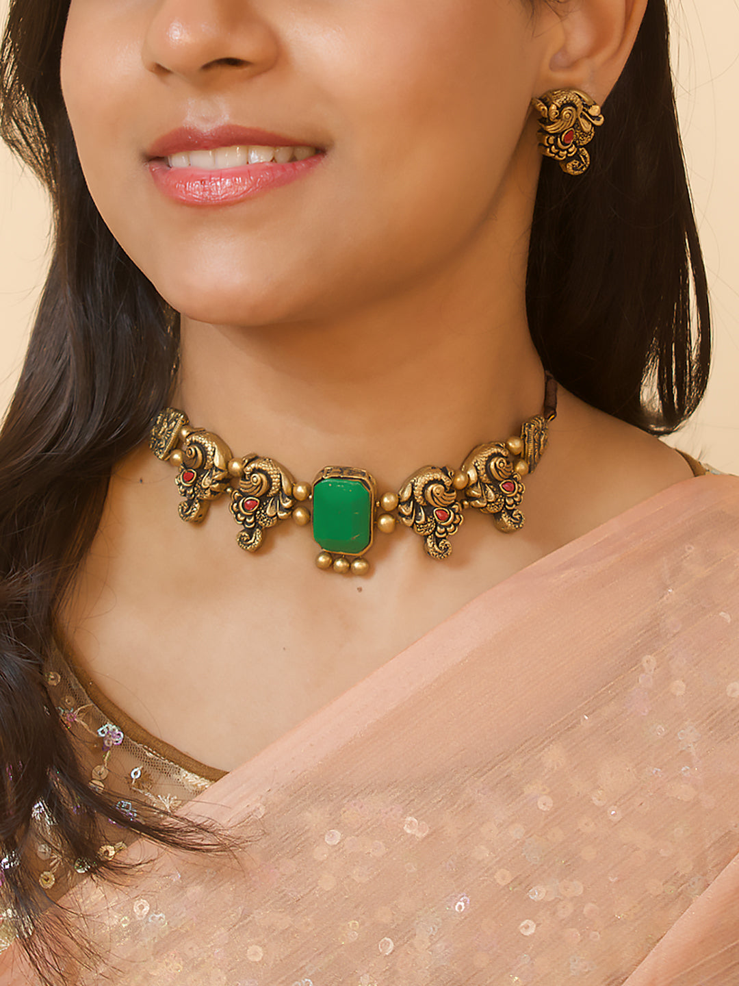Minimalistic Antique Gold Red Green Peacock Design Handmade Terracotta Victorian Choker Necklace Set