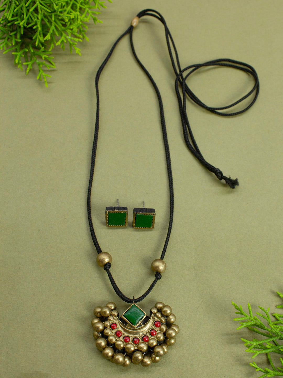 Half Moon Ghungroo Design Antique Gold Green Handmade Terracotta Necklace Set