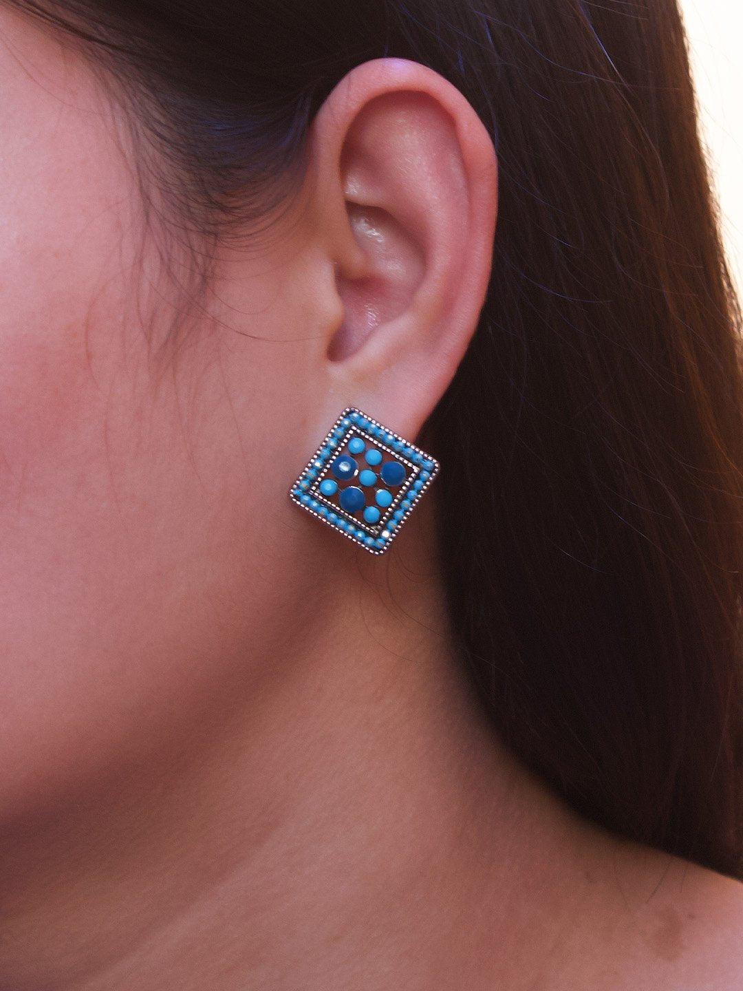 Silver Plated Square Design Turquoise Color Plastic Stone Stud Earring