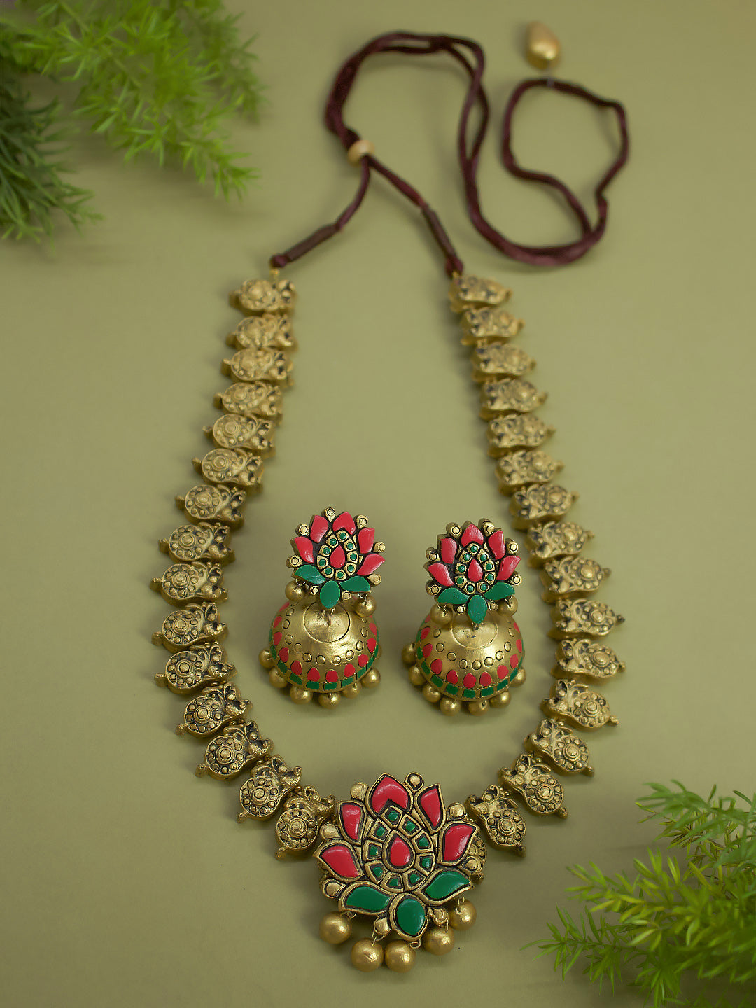 Antique Gold Pink Green Peacock and Lotus Design Long Handmade Terracotta Necklace Set