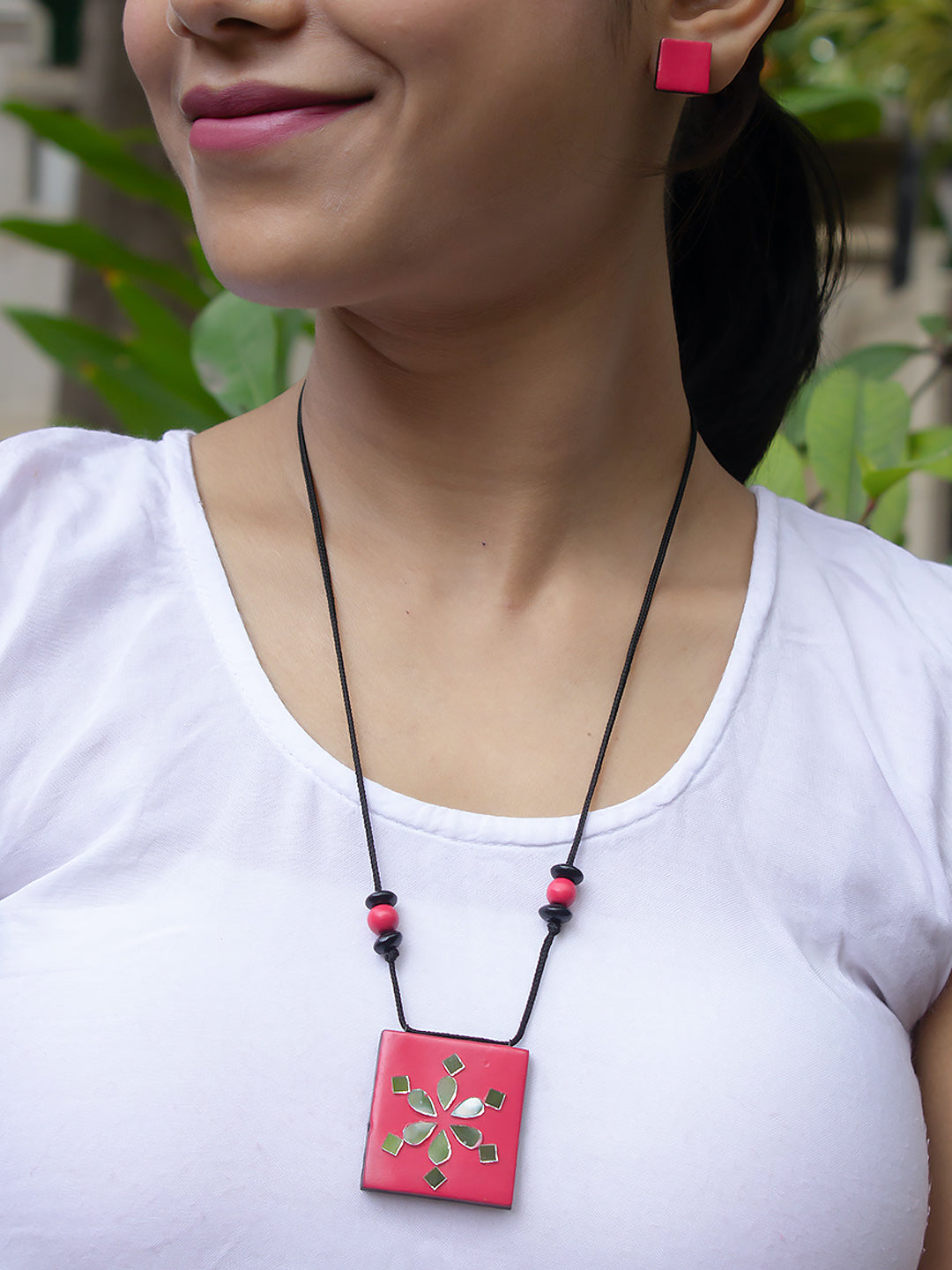 Pink Geometric Square Design Mirror Work Minimalistic Handmade Terracotta Necklace Set