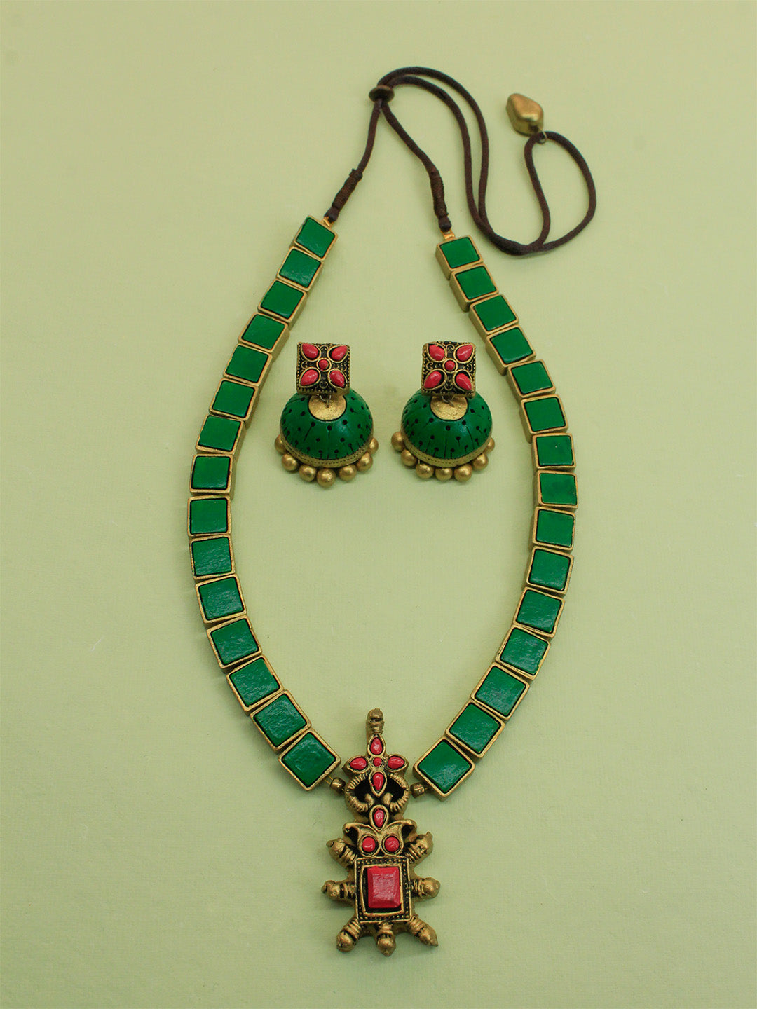 Green Antique Gold Pink Square Geometric Design Handmade Terracotta Necklace Set