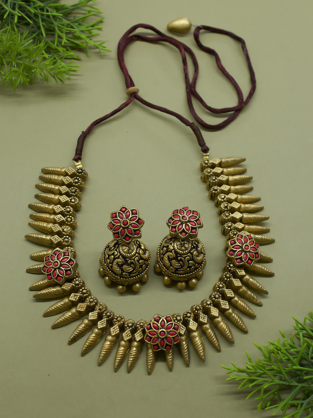 Antique Gold Pink Floral Engrossed Fringe Design Handmade Terracotta Necklace Set