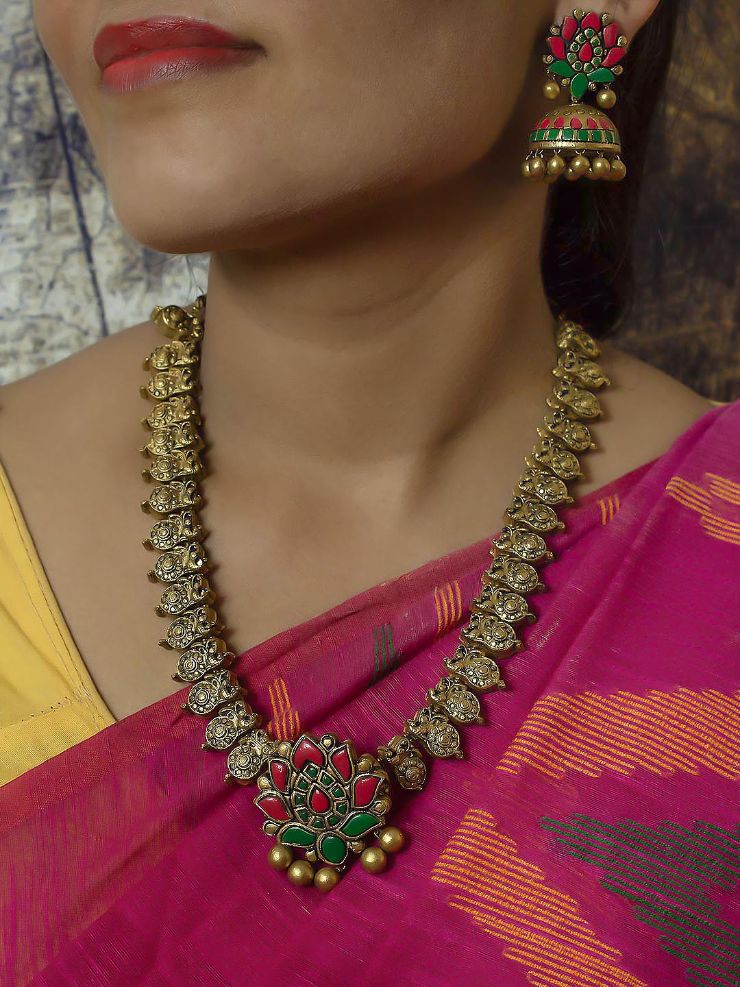Antique Gold Pink Green Peacock and Lotus Design Long Handmade Terracotta Necklace Set