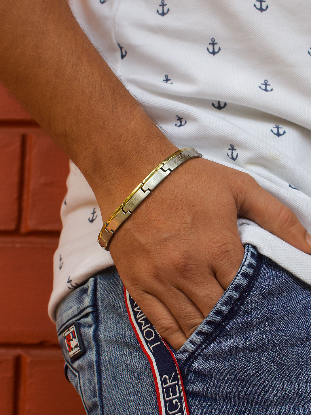 Avismaya Gold And Silver Plated Geometric Design Mens Bracelet