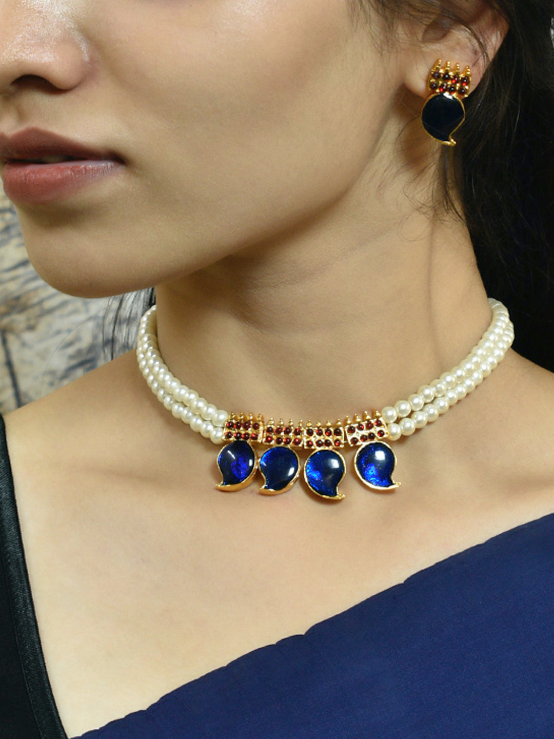 Pearl Maharani Set in Blue Mango Design Premium Motifs and White Pearls Jewelry Set