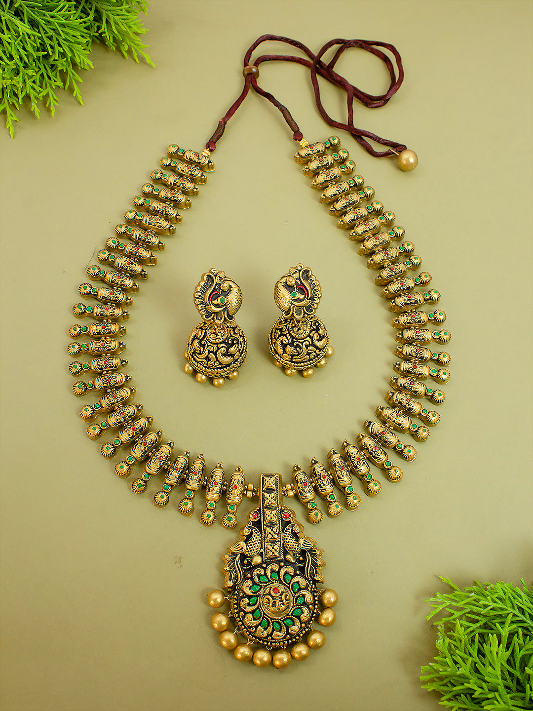 Temple Art Design Peacock Bridal Antique Gold Red Green Long Haram Handmade Terracotta Necklace Set