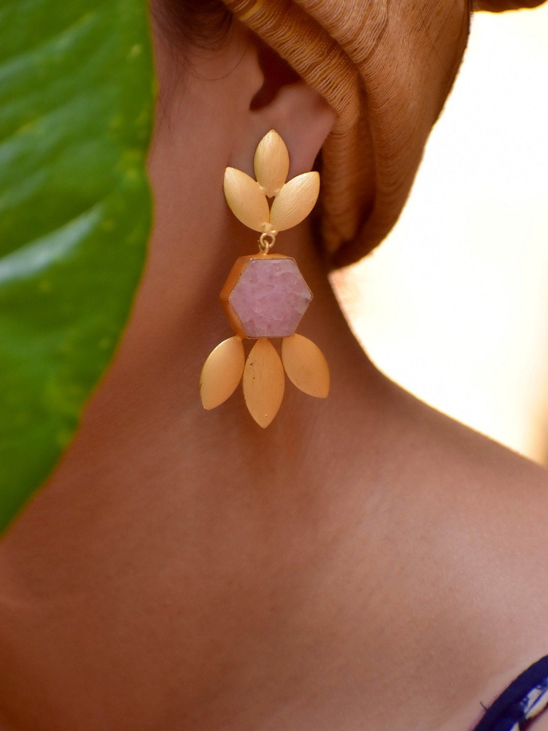 Avismaya Semi Precious Gold Plated Leaf Design Pink Color Druzy Stone Dangler Earring