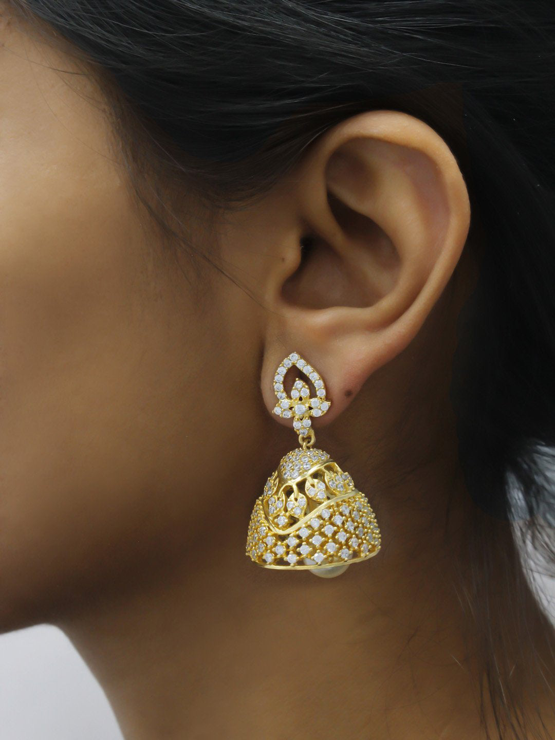 Avismaya Gold Plated Floral Design American Diamond Stone Jhumka Earring