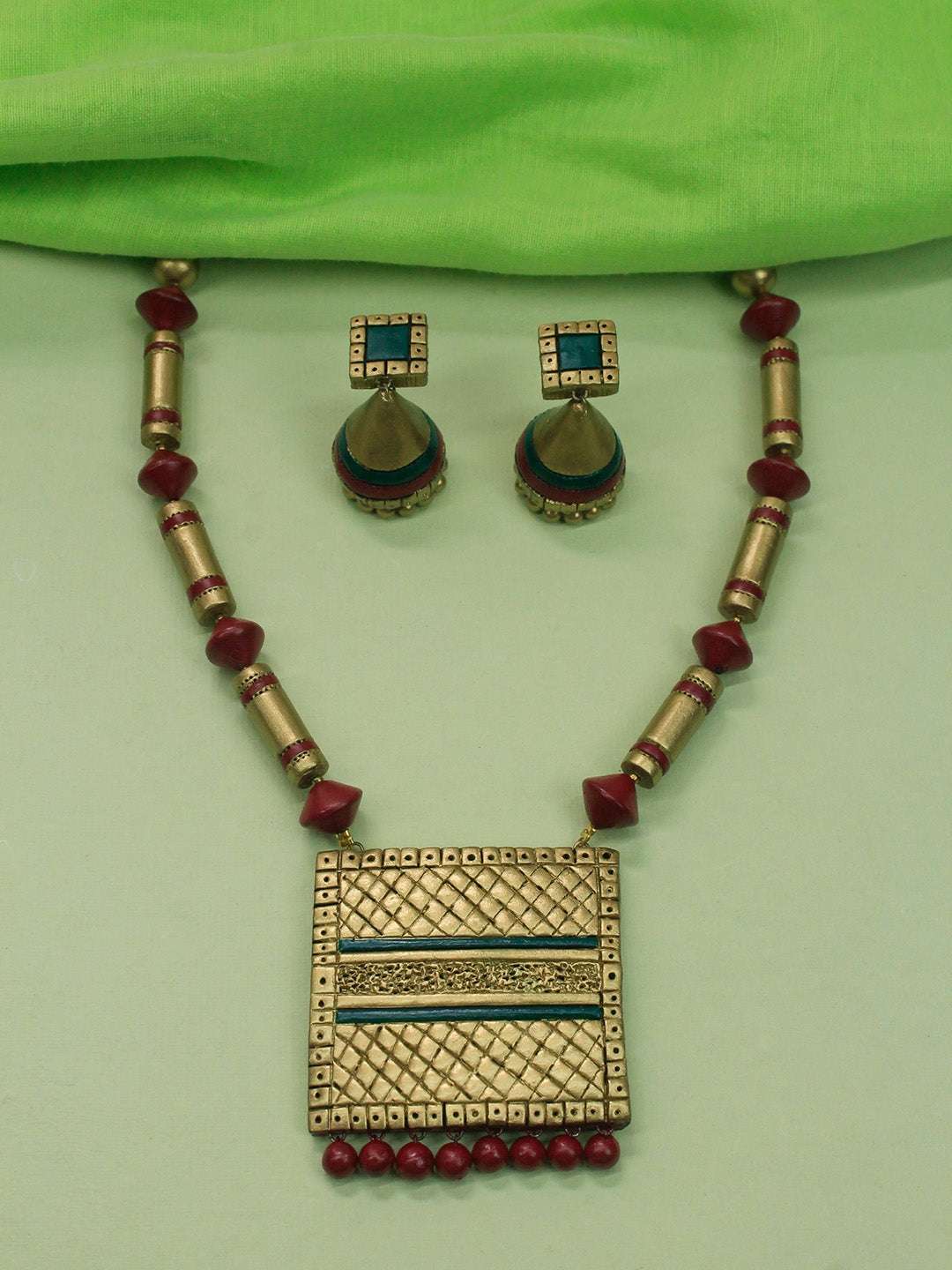 Mandala Art Square Design Maroon Antique Gold Dark Green Handmade Terracotta Long Necklace Set
