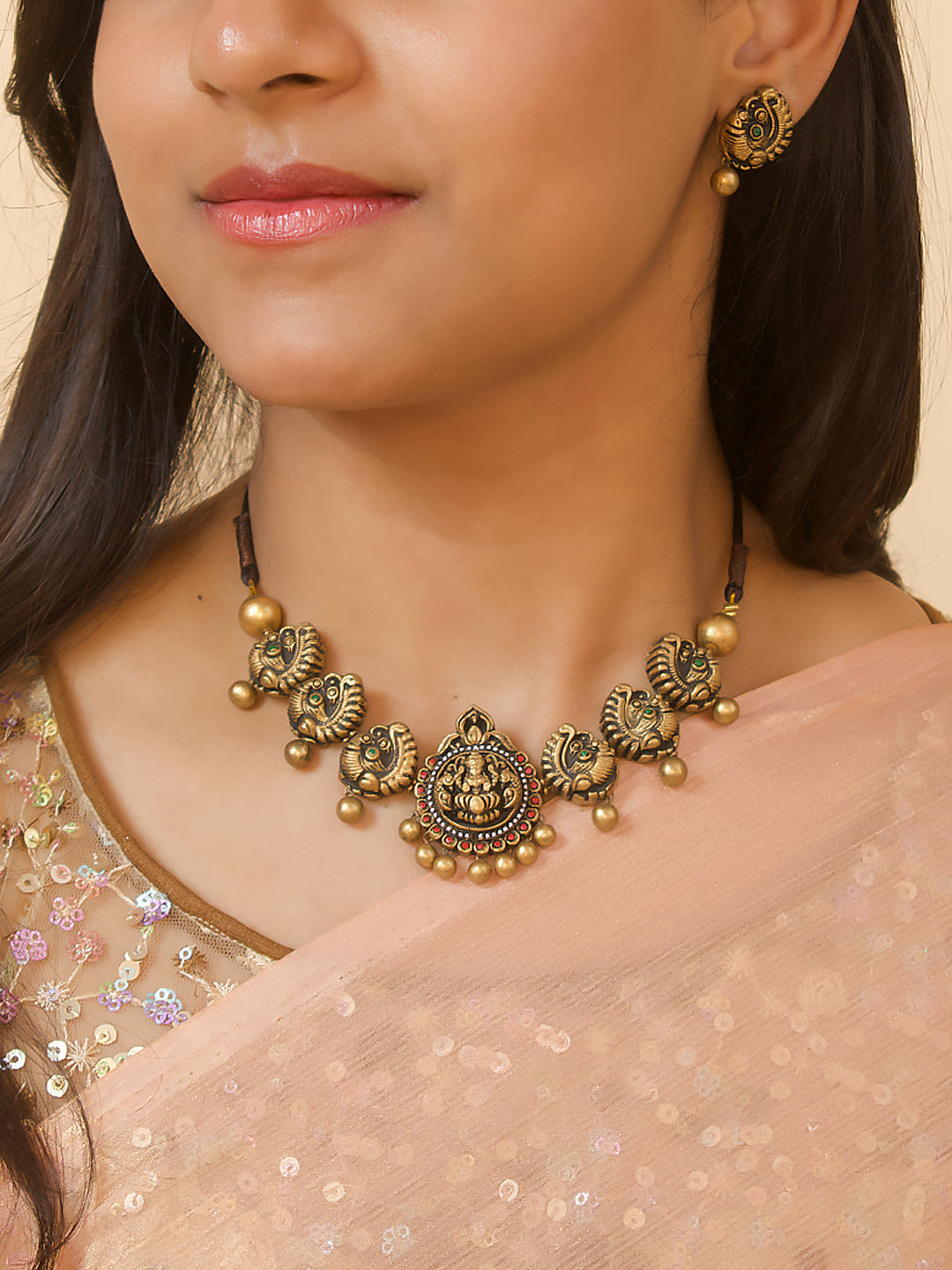 Antique Gold Red Green Lakshmi Peacock Design Temple Handmade Terracotta Necklace Set