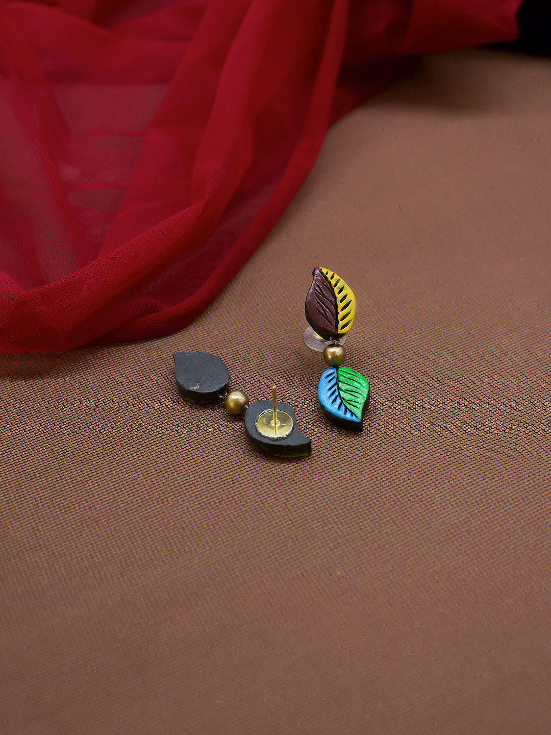 Leaf Design Hand Painted Blue Green Yellow Colored Terracotta Jewelry Set