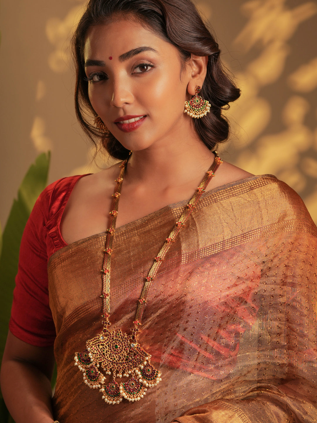 Zarisha — Gold Tone Temple Necklace Set- Brown and white Zari haaram