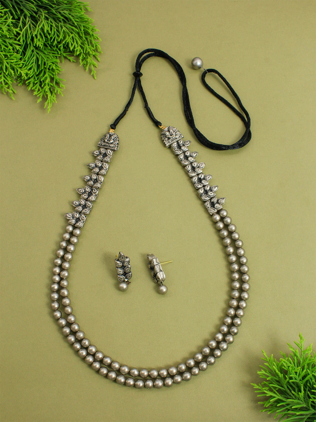 Pranaya — Two Layered Antique Silver Beads Leaf Design Rani Haari Handmade Terracotta Necklace Set