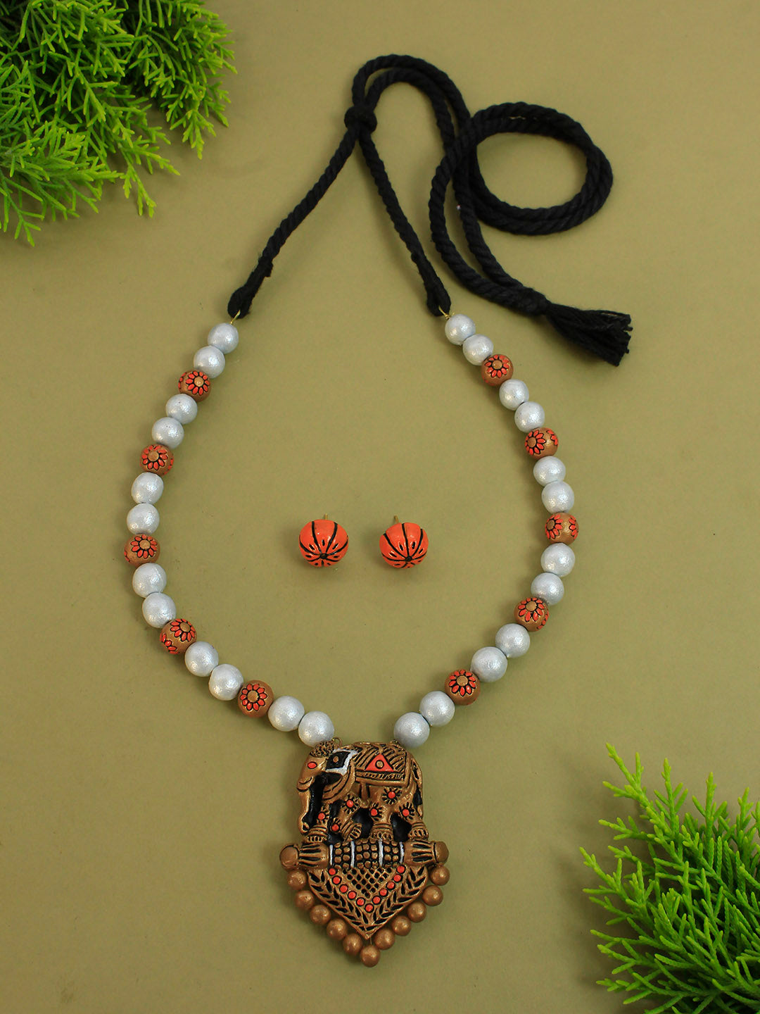 Elephant and Flower Design Gold Orange White Mala Handmade Terracotta Necklace Set