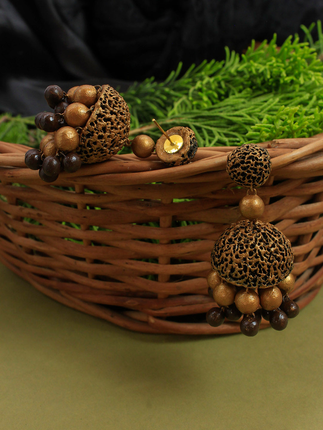 Brown Gold Ball Design Handmade Terracotta Jhumka Earrings