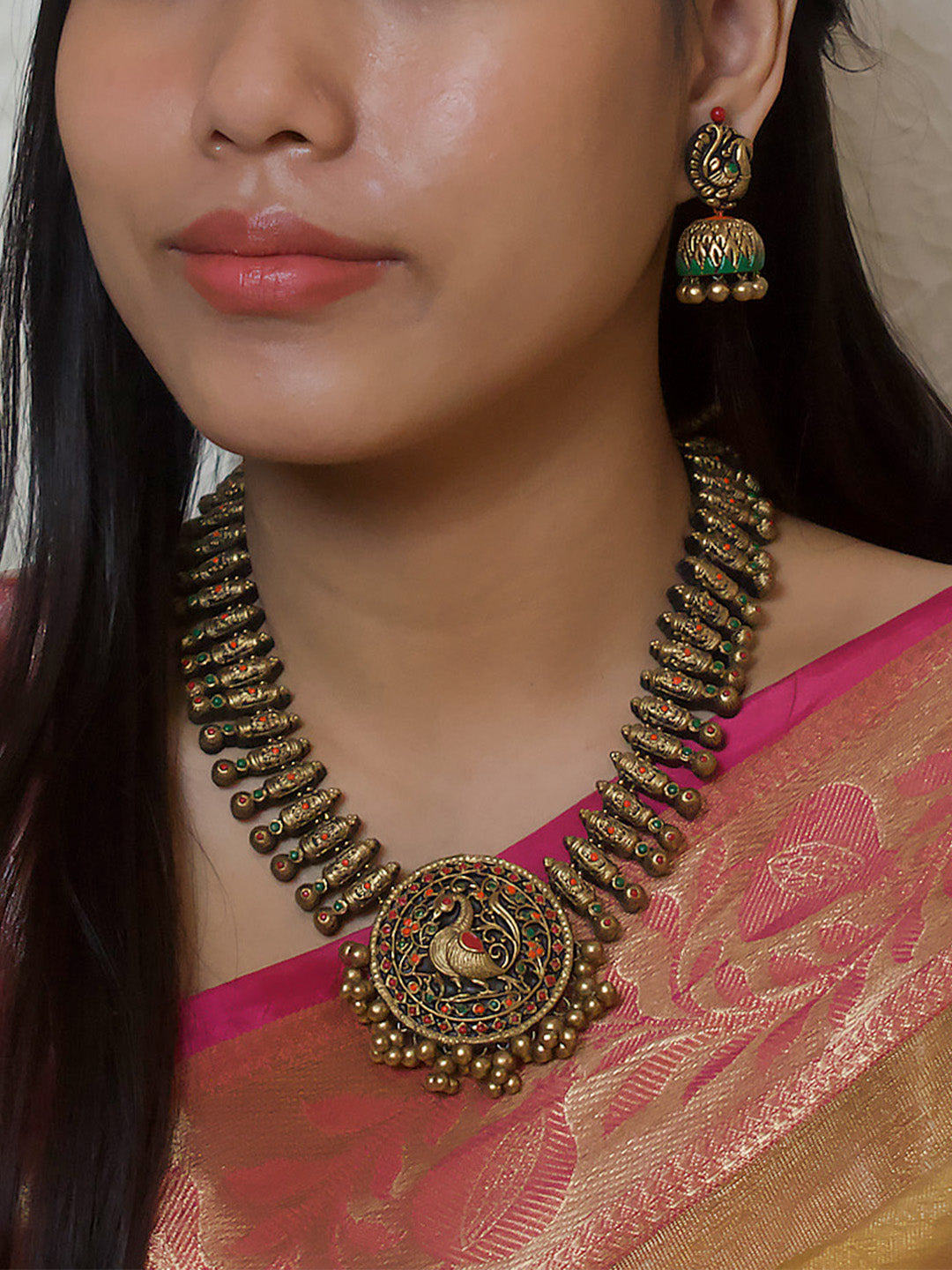 Peacock Design Fringe Pattern Rajputi Art Pattern Haram Style Handmade Terracotta Necklace Set