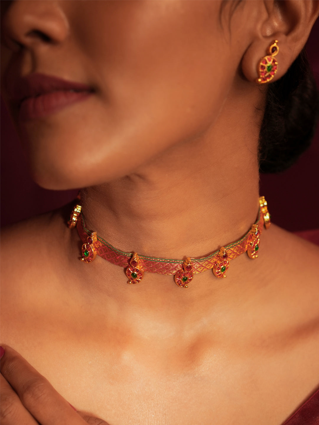 Zarithaara — Gold Tone Pink Zari Temple Choker Necklace Set