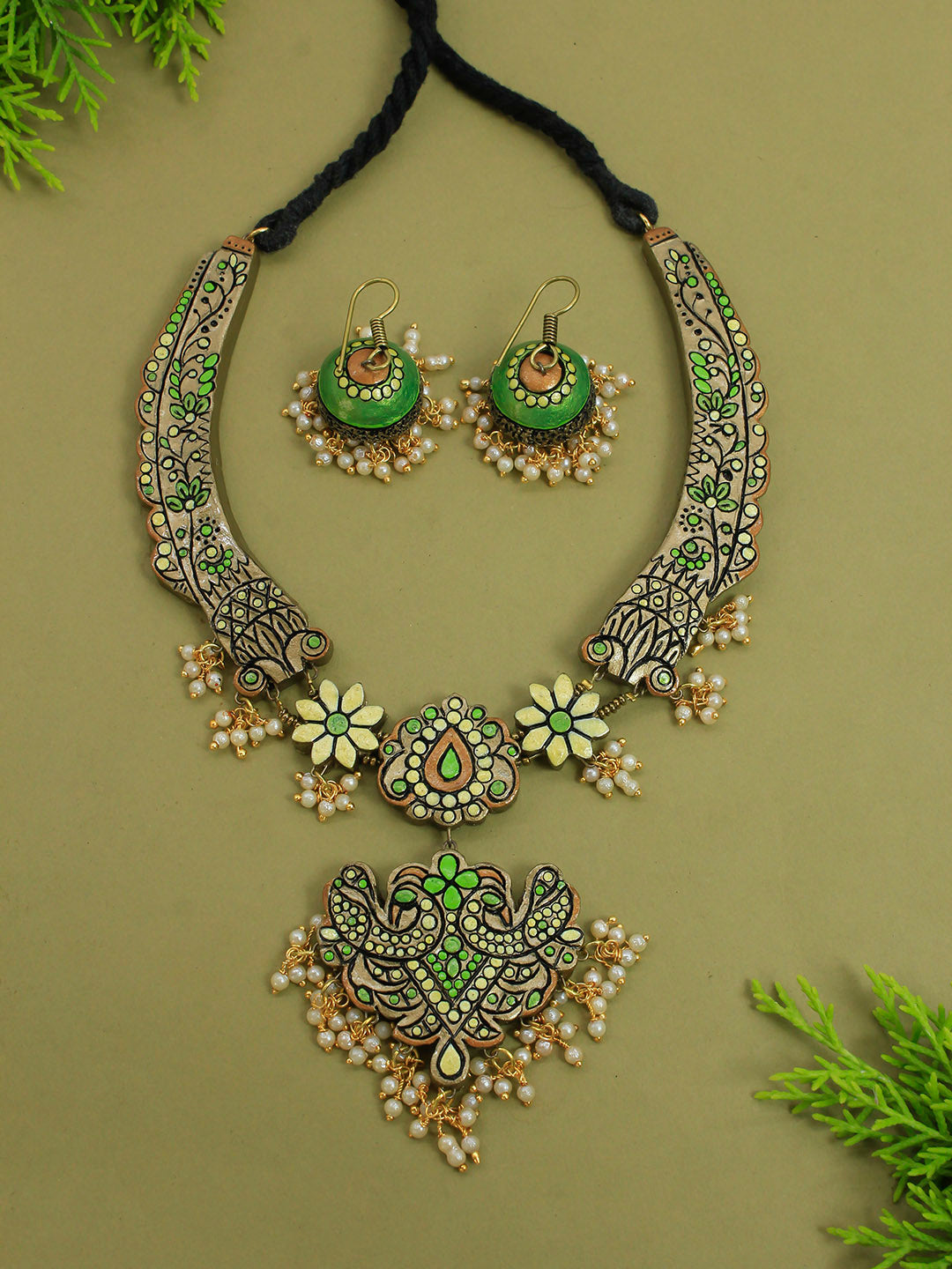 Mandala Art Design Green Yellow Antique Bronze Handmade Terracotta Necklace Set