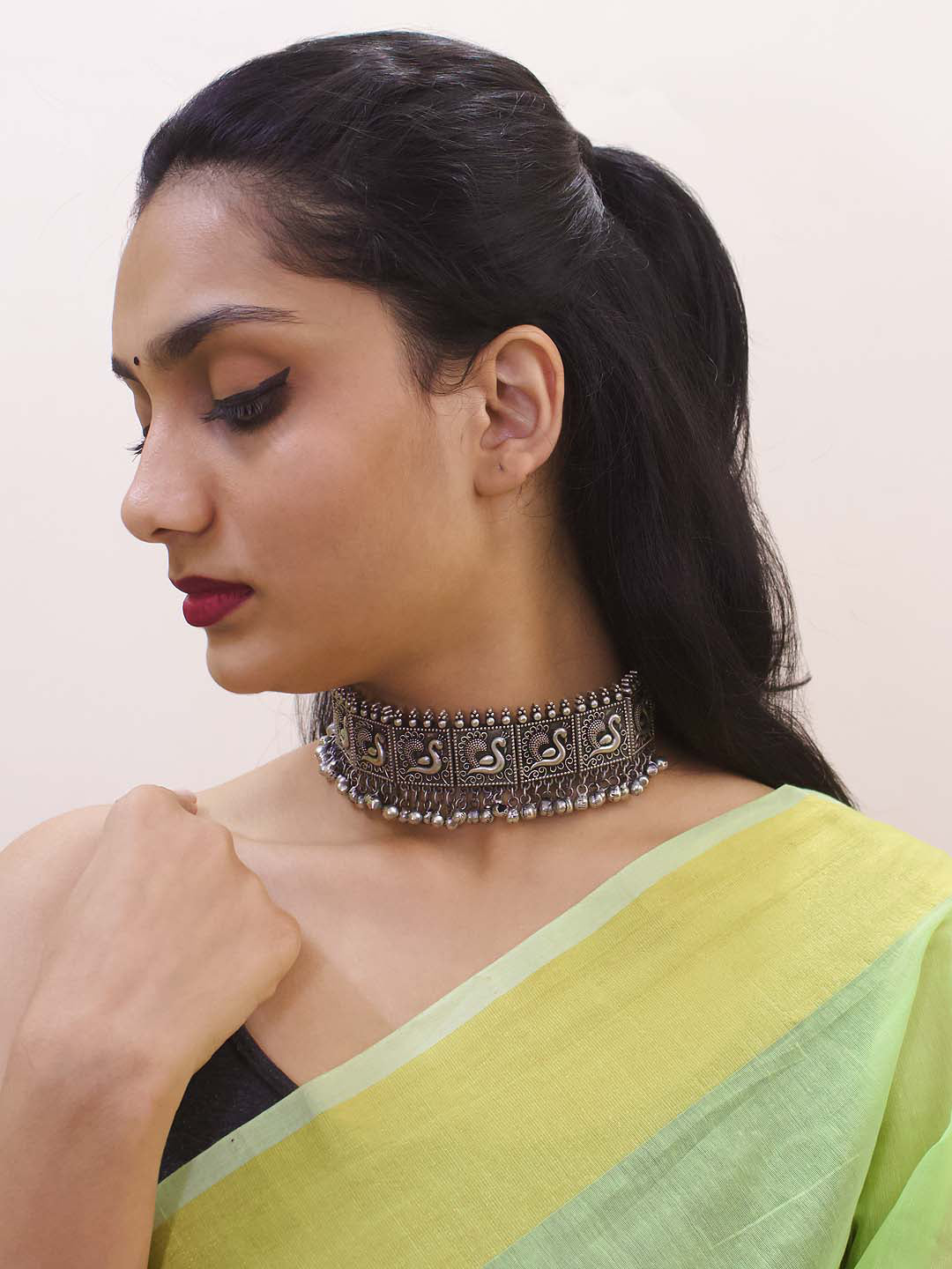 High Quality Antique Silver Plated Square Shape Peacock Design With Hanging Ghungroo Replica Choker Necklace