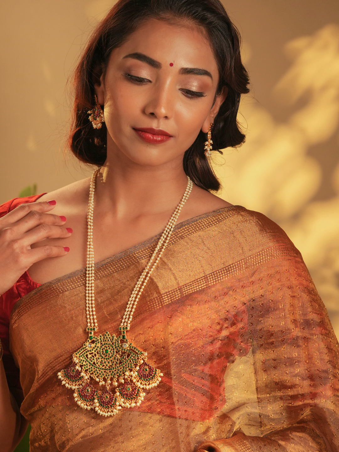 Gold Tone Temple Necklace Set- Pearl Haaram Red and green