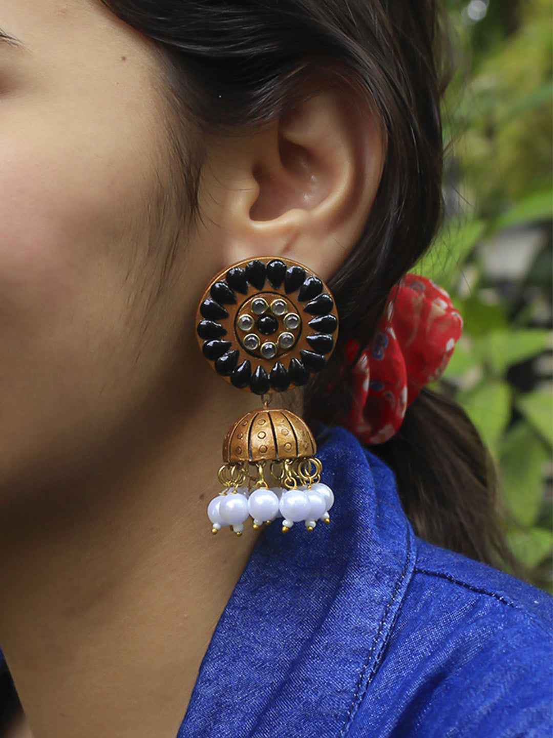 Floral Mandala Design Kundan Pearl Gold Black White Handmade Terracotta Jhumka Earrings