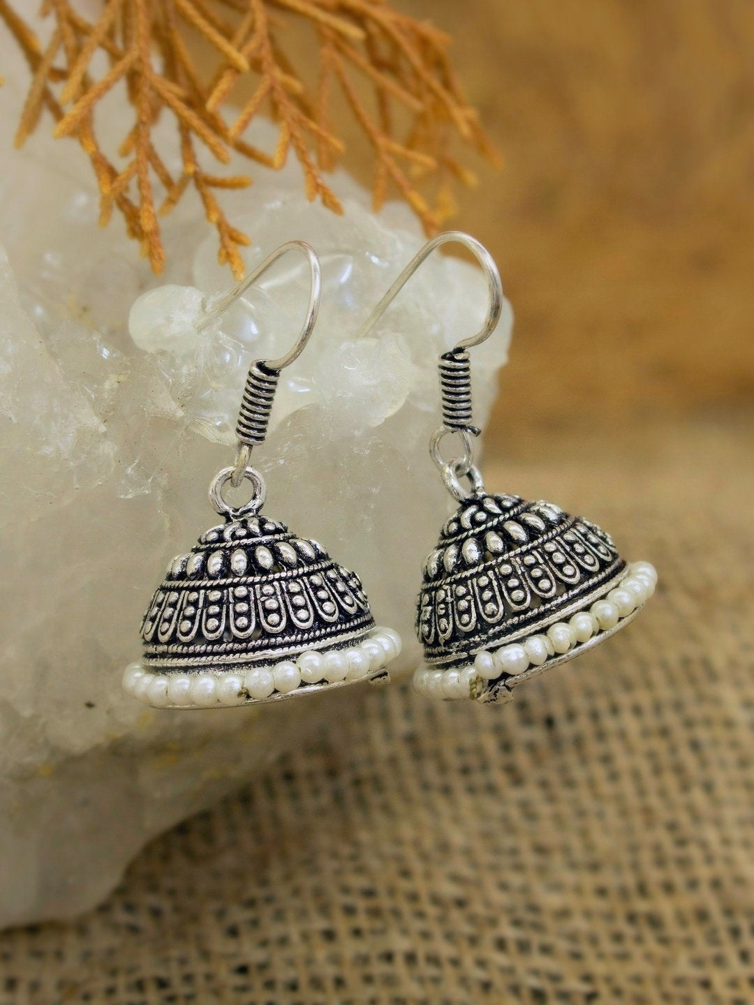 German Silver Jhumkas With White Droppings