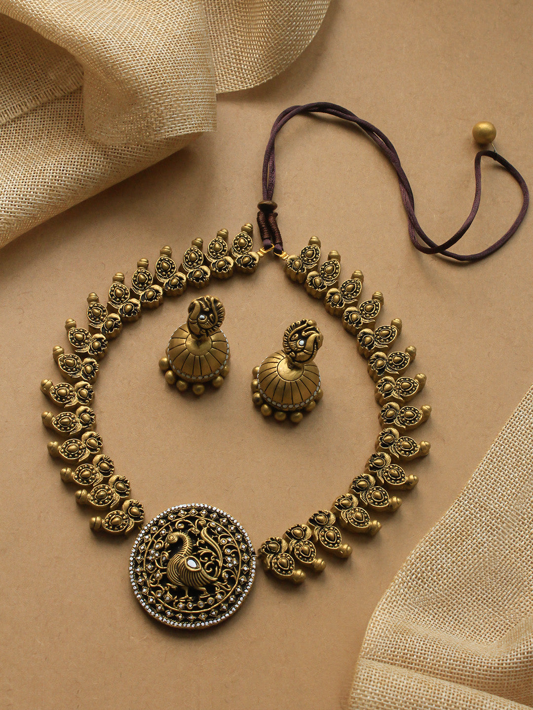 Antique Gold Peacock Mango Design Haram Style Temple Handmade Terracotta Necklace Set