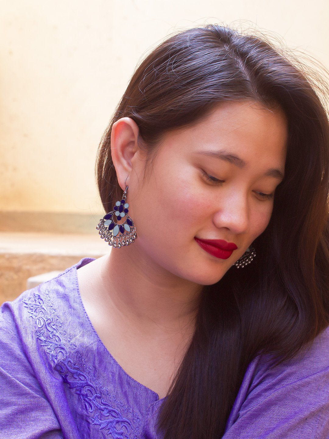 Silver Plating Oval Design Blue And Turquoise Color Enamel Paint With Hanging Silver Beads Dangler Earring