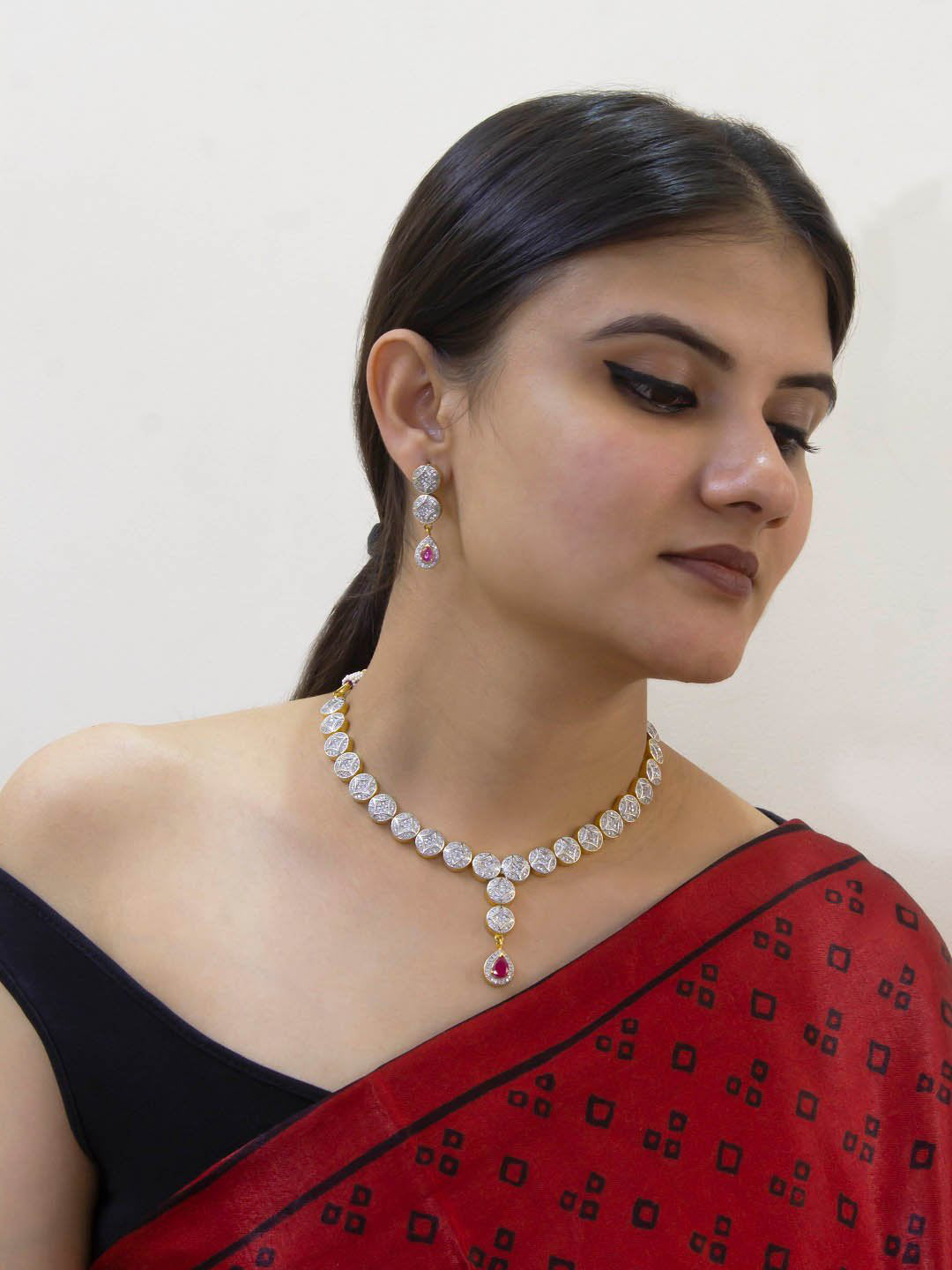 Avismaya Gold Plated Geometric Design With American Diamond And Ruby Stones Choker Necklace Set