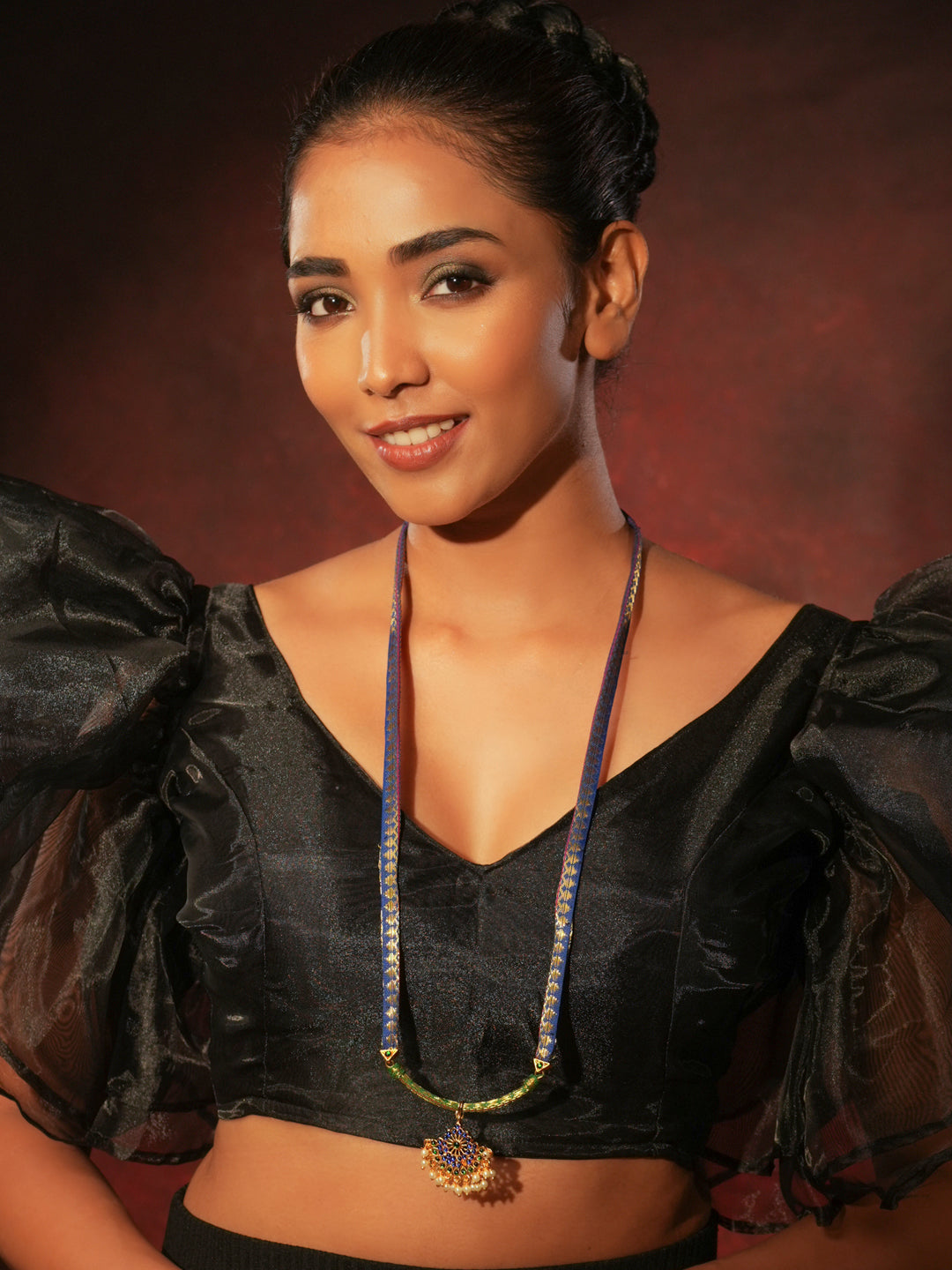 Zarvella — Gold Tone Temple Necklace- Zari floral pendant haaram Blue