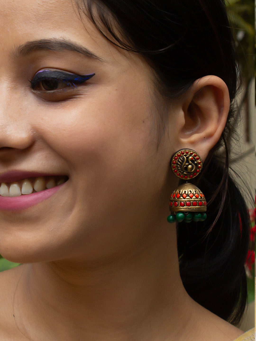 Antique Gold Red Green Circular Peacock Design Disc Handmade Terracotta Stud Jhumka Earrings