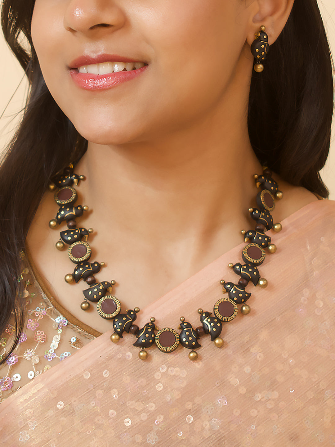 Little Birdie — Black Brown Antique Gold Chirping Bird and Circular Design Contemporary Style Handmade Terracotta Necklace Set