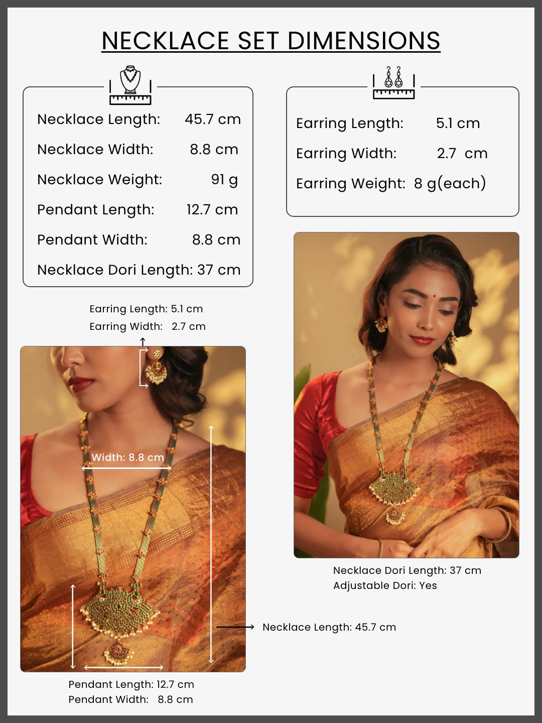 Zaranya — Gold Tone Temple Necklace Set- Green Zari haaram